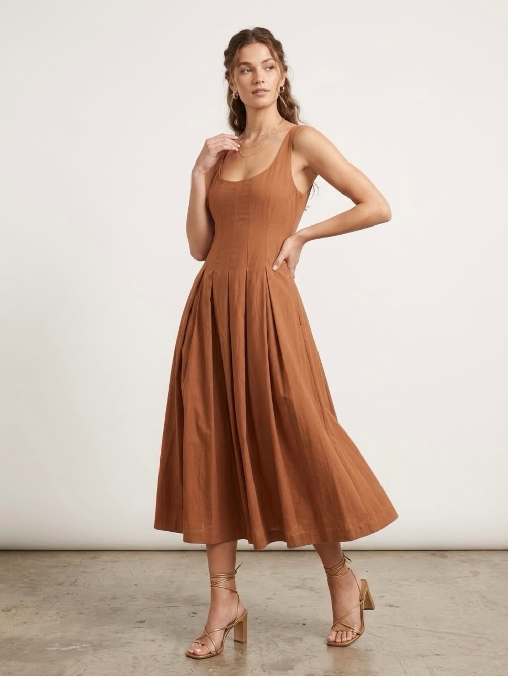 En Saison Brown Autumn Pleated Midi Dress L
